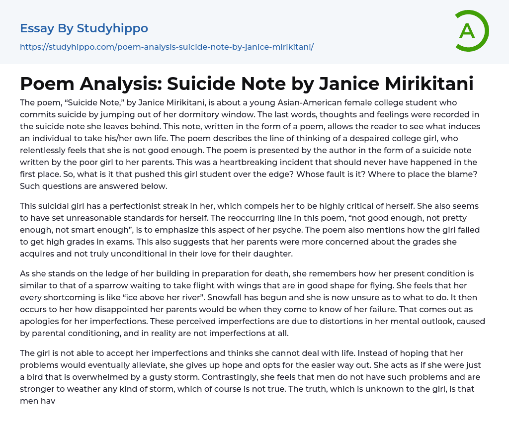 Poem Analysis: Suicide Note by Janice Mirikitani Essay Example