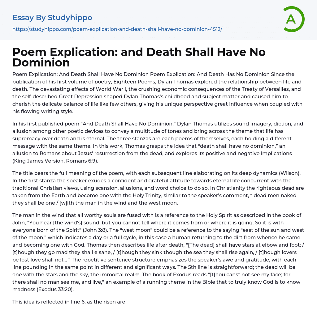 Poem Explication: and Death Shall Have No Dominion Essay Example