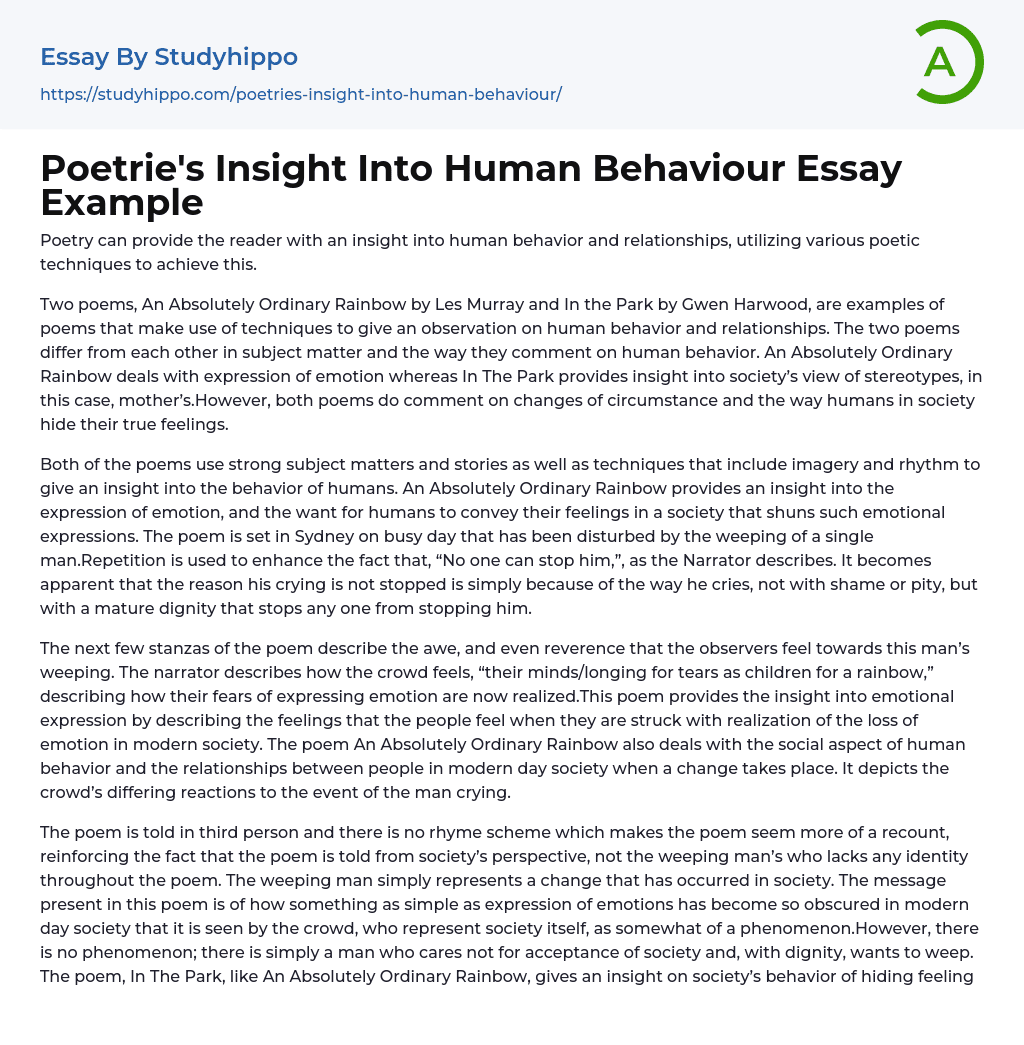 Poetrie’s Insight Into Human Behaviour Essay Example