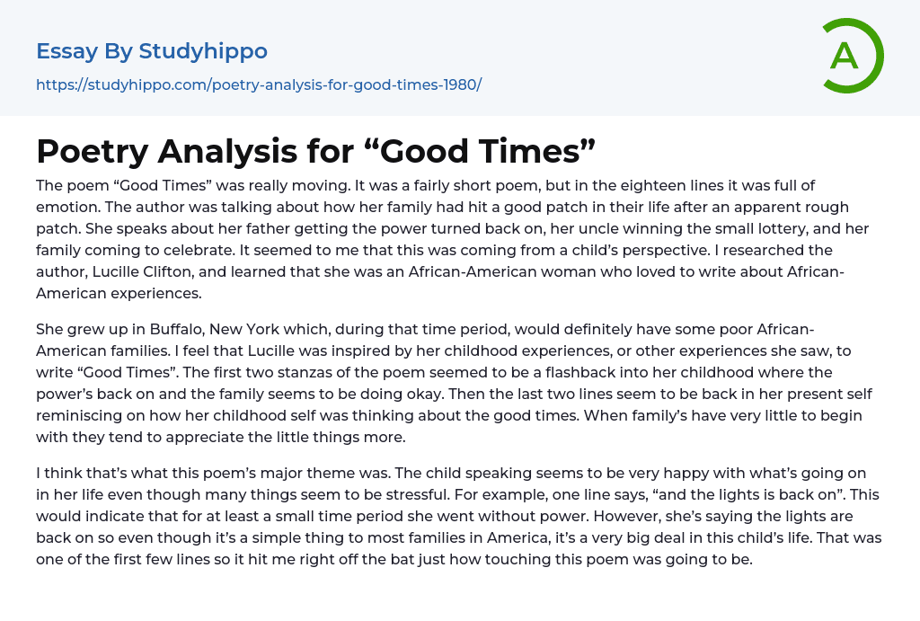 Poetry Analysis for “Good Times” Essay Example