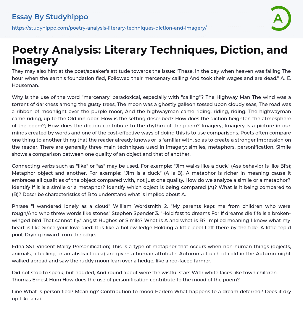Poetry Analysis: Literary Techniques, Diction, and Imagery Essay Example