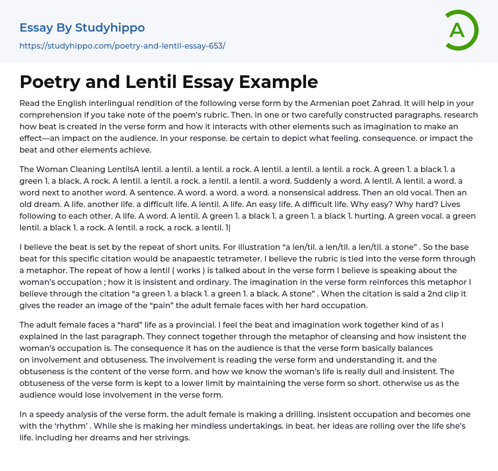 Poetry and Lentil Essay Example