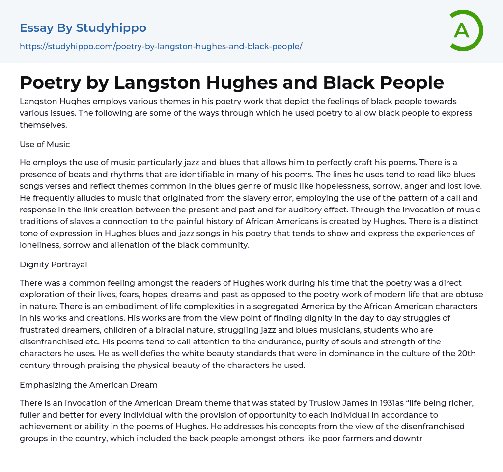 Poetry by Langston Hughes and Black People Essay Example