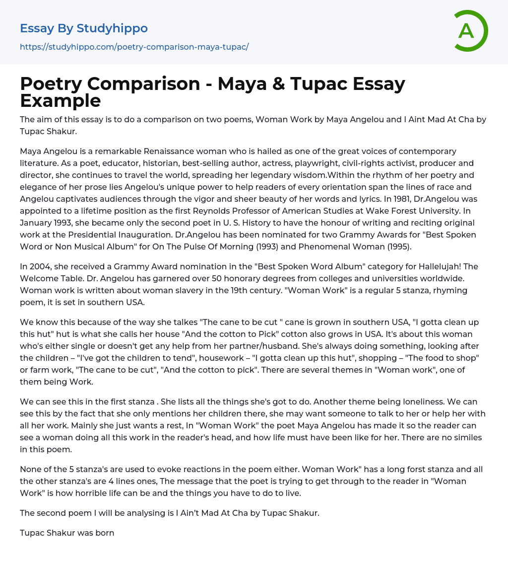 Poetry Comparison – Maya & Tupac Essay Example