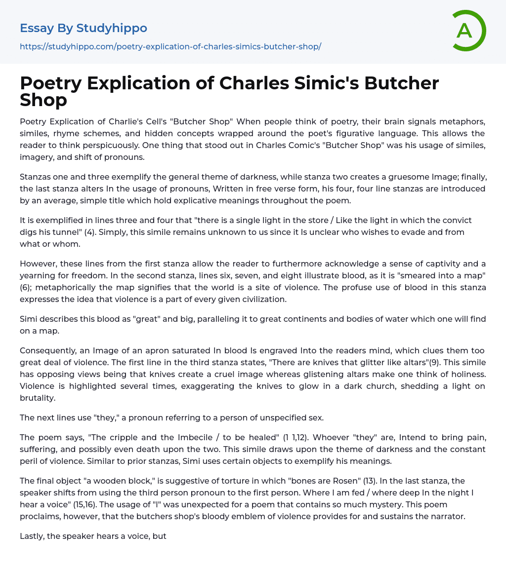 Poetry Explication of Charles Simic’s Butcher Shop Essay Example
