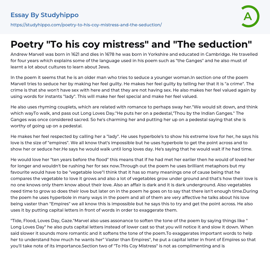 Poetry “To his coy mistress” and “The seduction” Essay Example