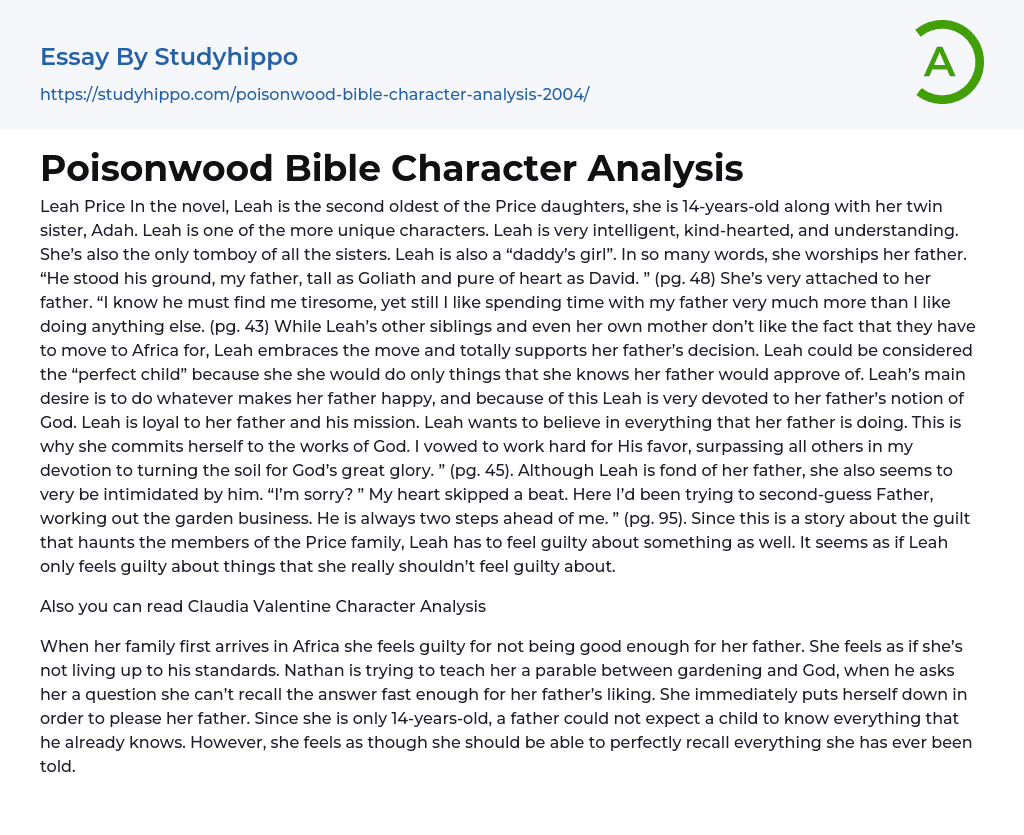 Poisonwood Bible Character Analysis Essay Example