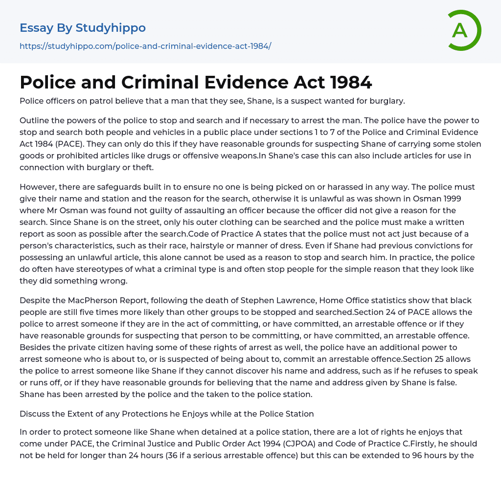 Police and Criminal Evidence Act 1984 Essay Example