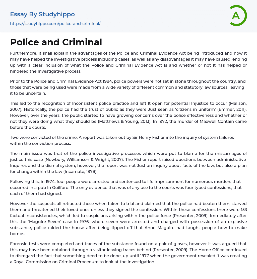 Police and Criminal Essay Example