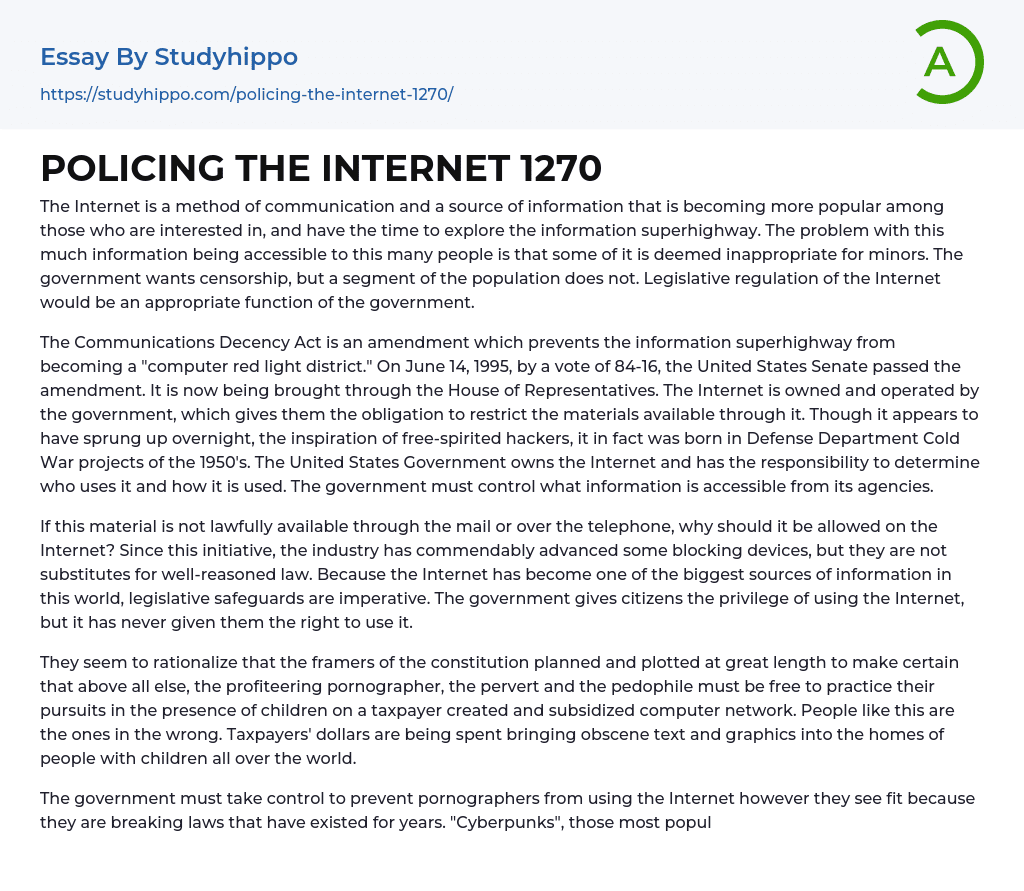 POLICING THE INTERNET 1270 Essay Example
