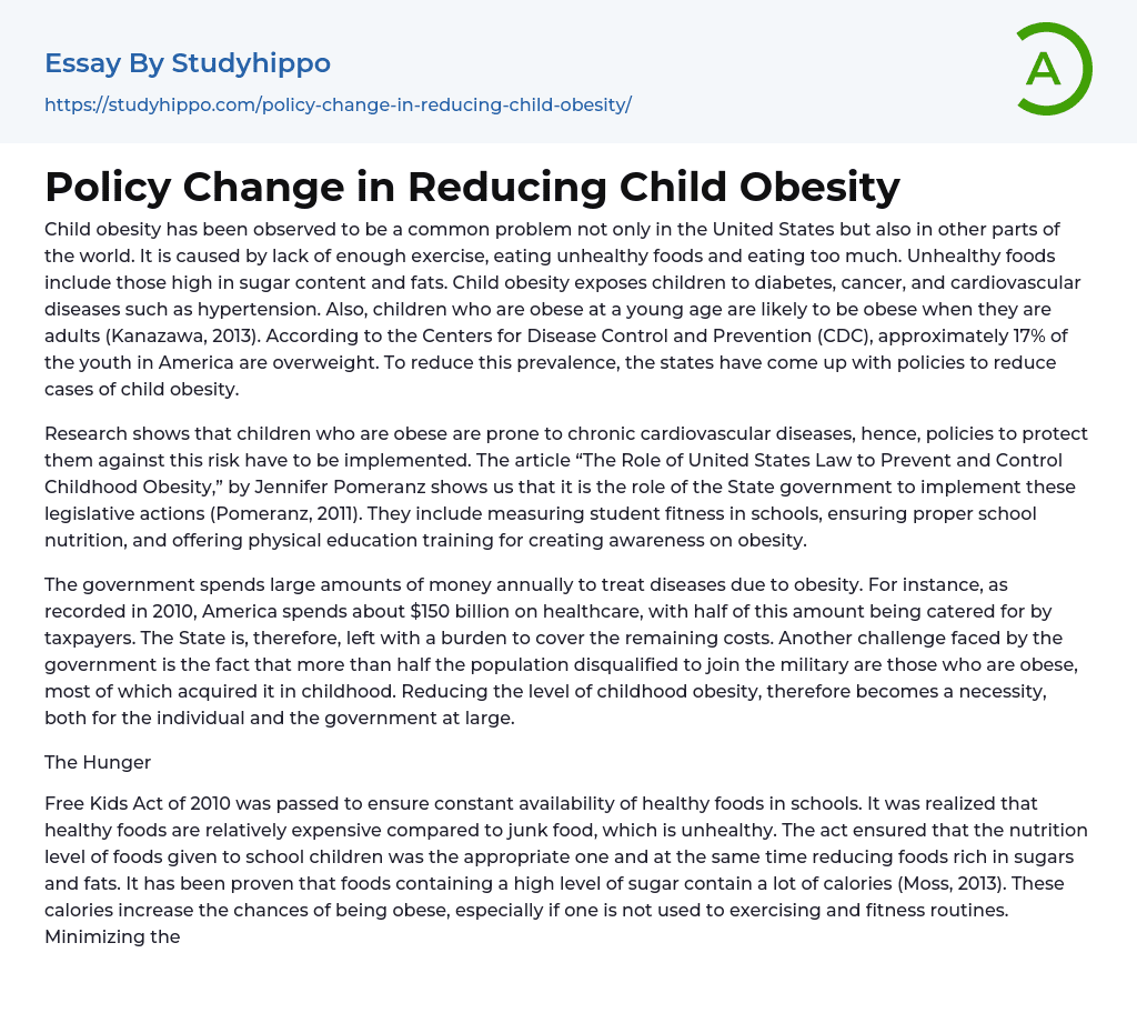 Policy Change in Reducing Child Obesity Essay Example