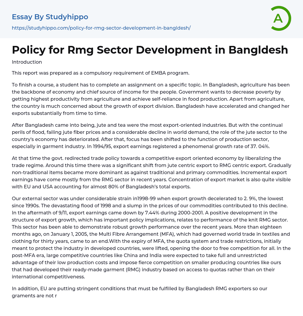 Policy for Rmg Sector Development in Bangldesh Essay Example