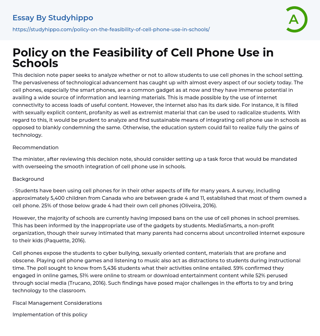 Policy on the Feasibility of Cell Phone Use in Schools Essay Example