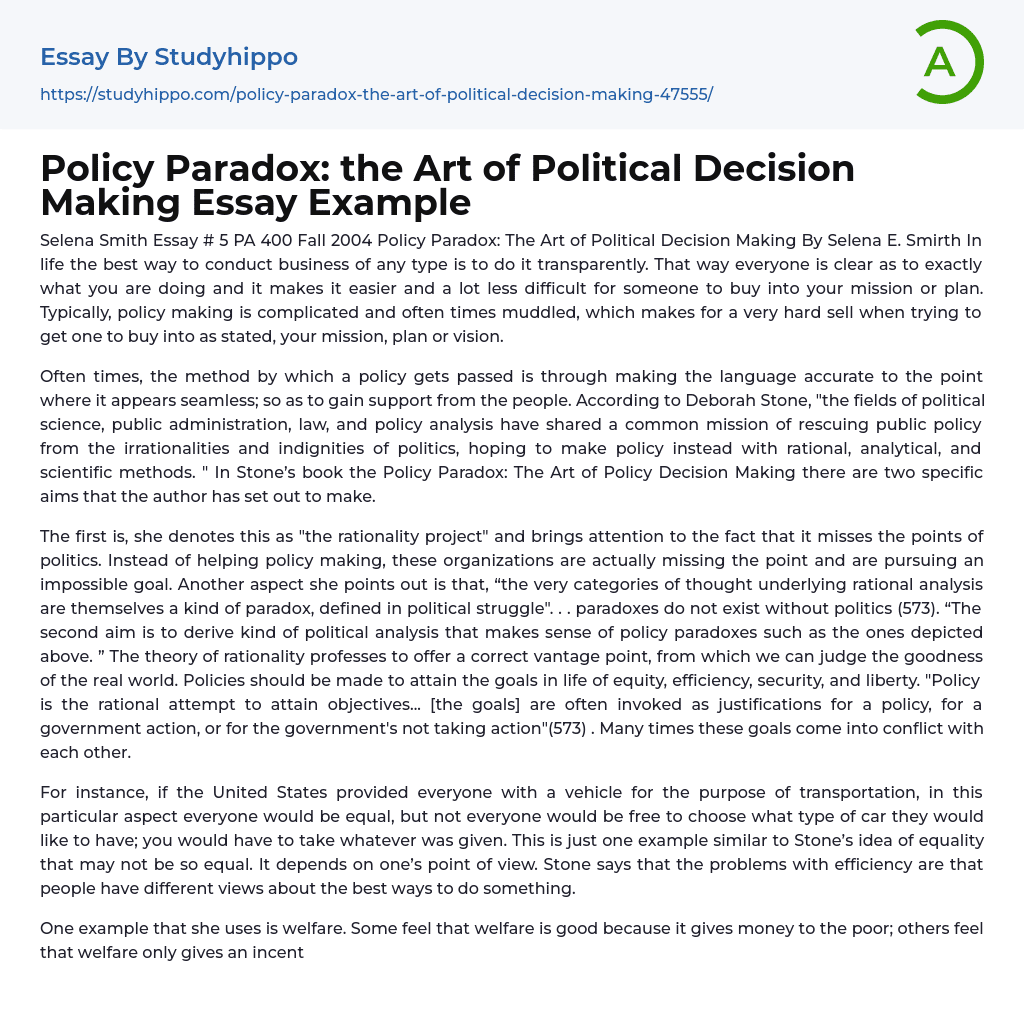 Policy Paradox: the Art of Political Decision Making Essay Example