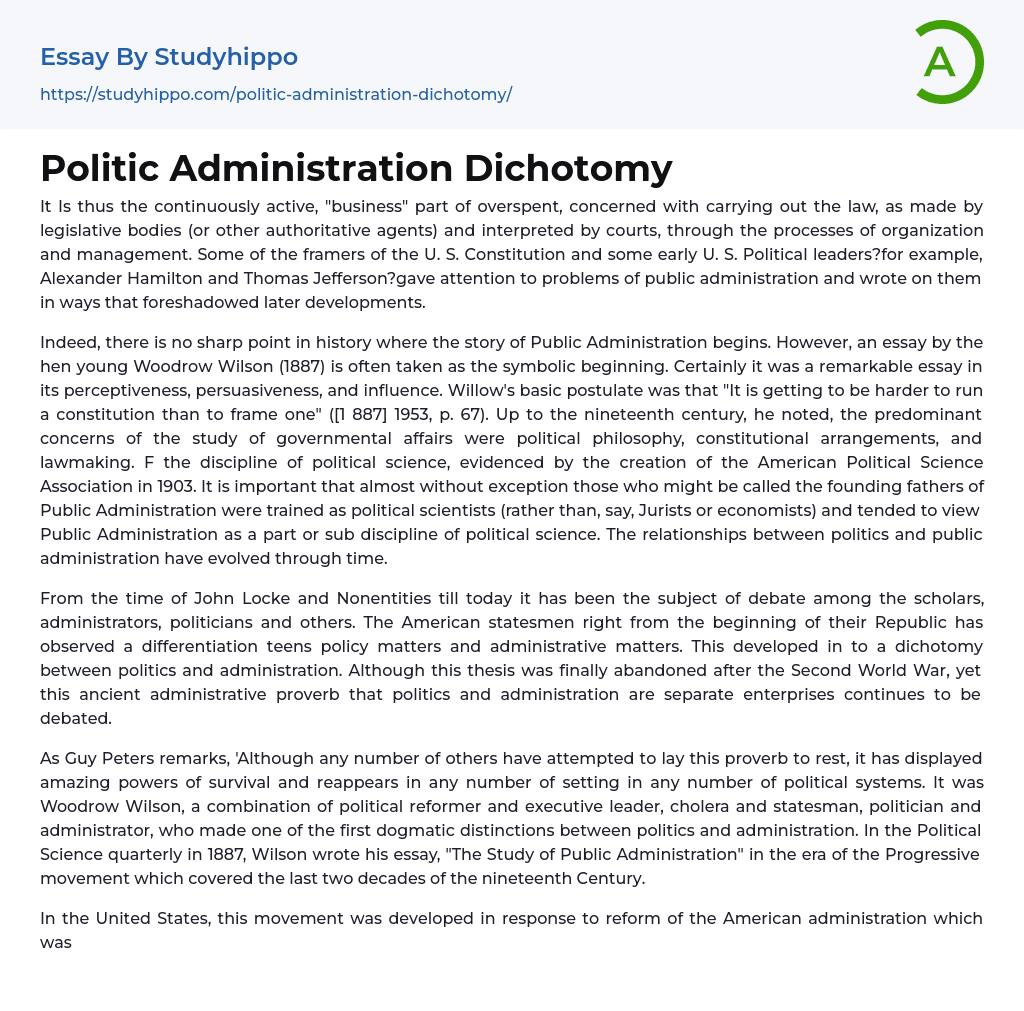 Politic Administration Dichotomy Essay Example