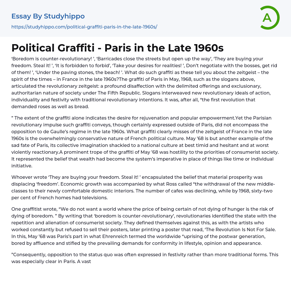 Political Graffiti – Paris in the Late 1960s Essay Example