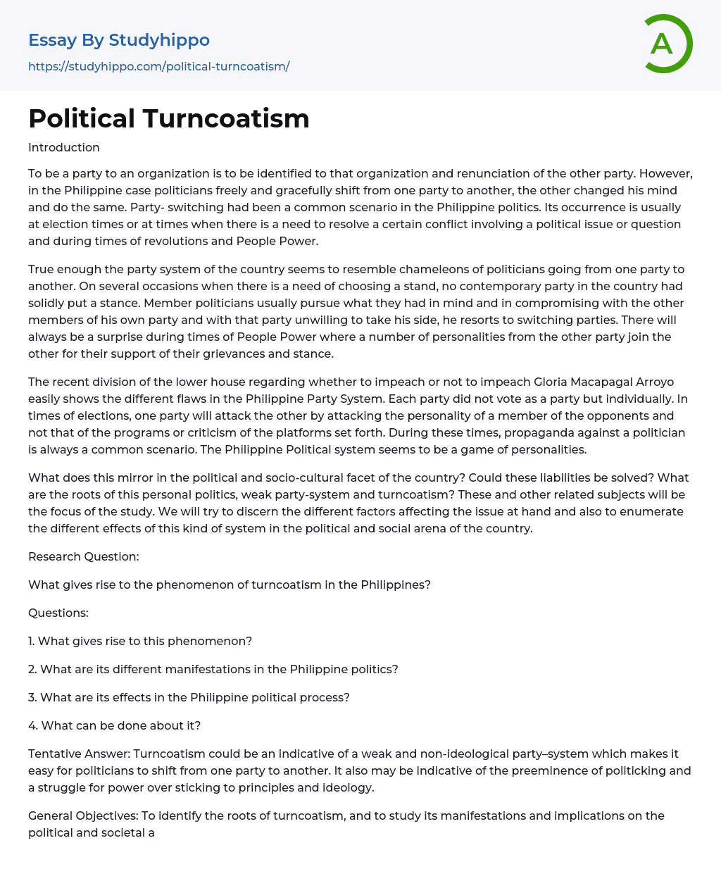 Political Turncoatism Essay Example
