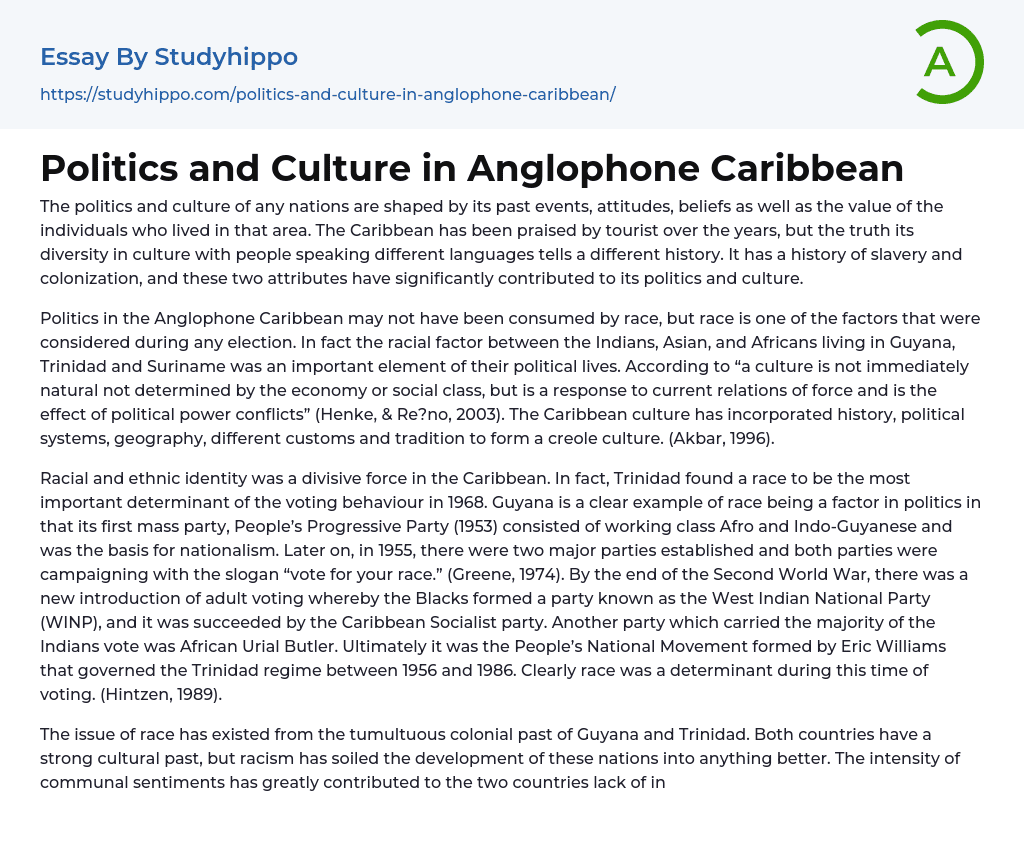 Politics and Culture in Anglophone Caribbean Essay Example