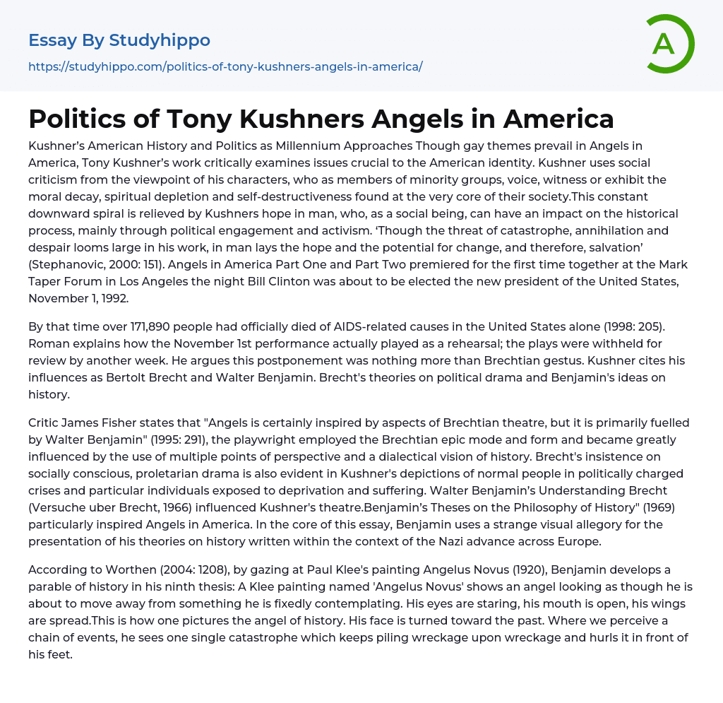 Politics of Tony Kushners Angels in America Essay Example