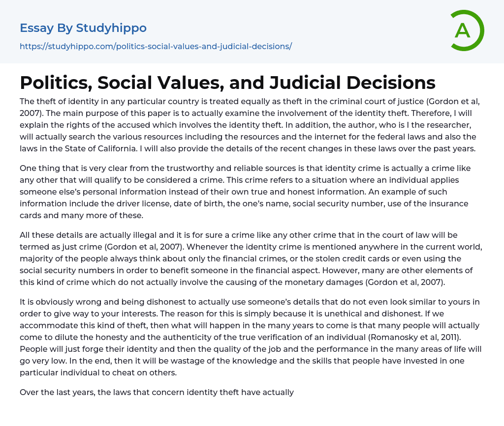 Politics, Social Values, and Judicial Decisions Essay Example