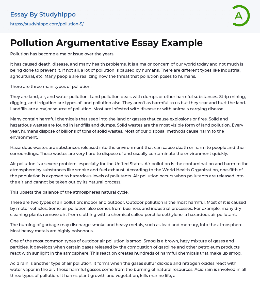Pollution Argumentative Essay Example