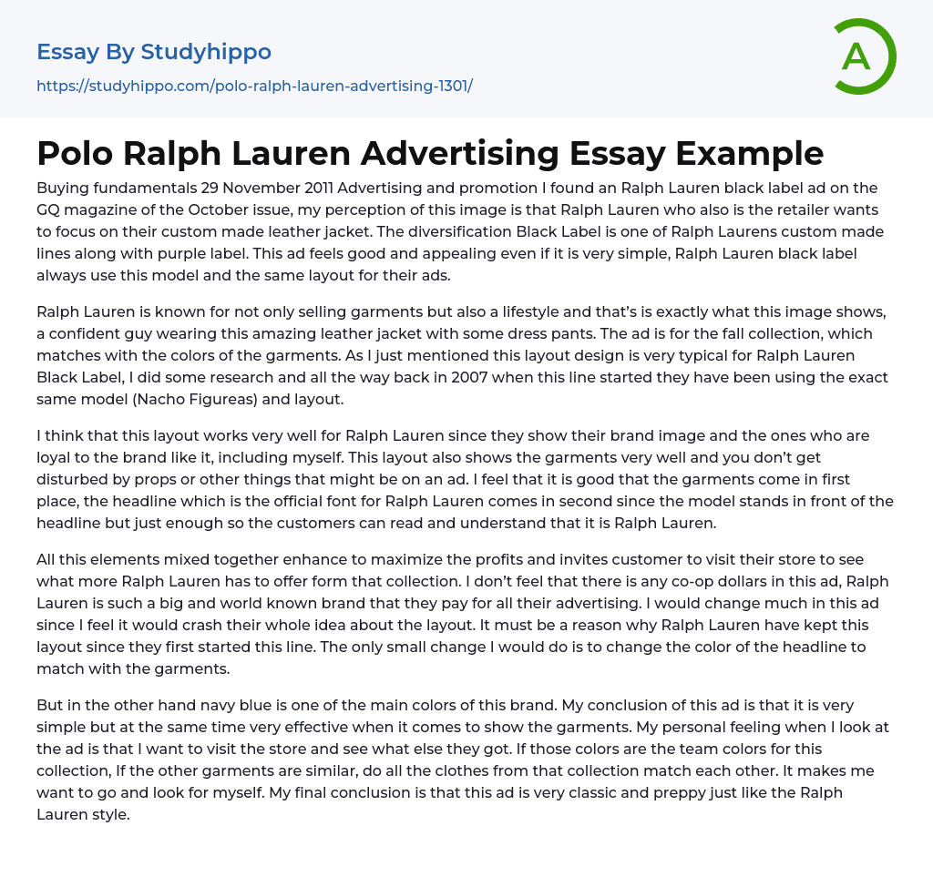 Polo Ralph Lauren Advertising Essay Example