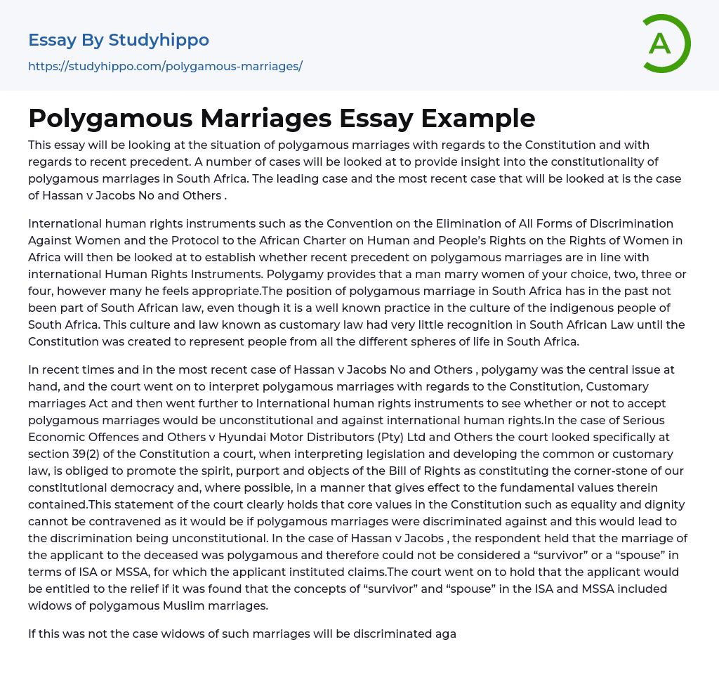 Polygamous Marriages Essay Example
