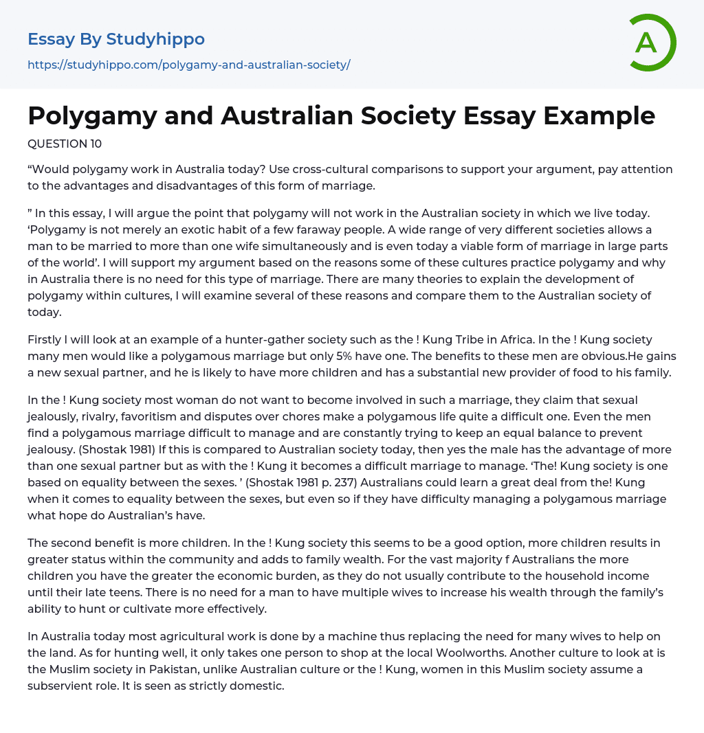 Polygamy and Australian Society Essay Example