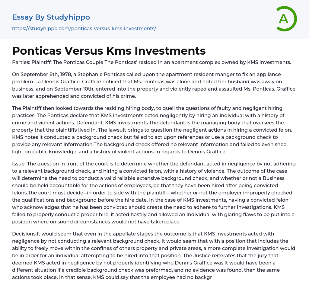 Ponticas Versus Kms Investments Essay Example