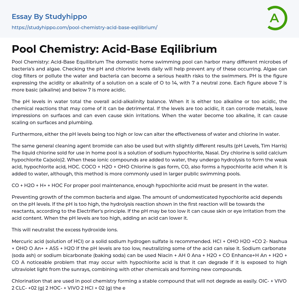 Pool Chemistry: Acid-Base Eqilibrium Essay Example