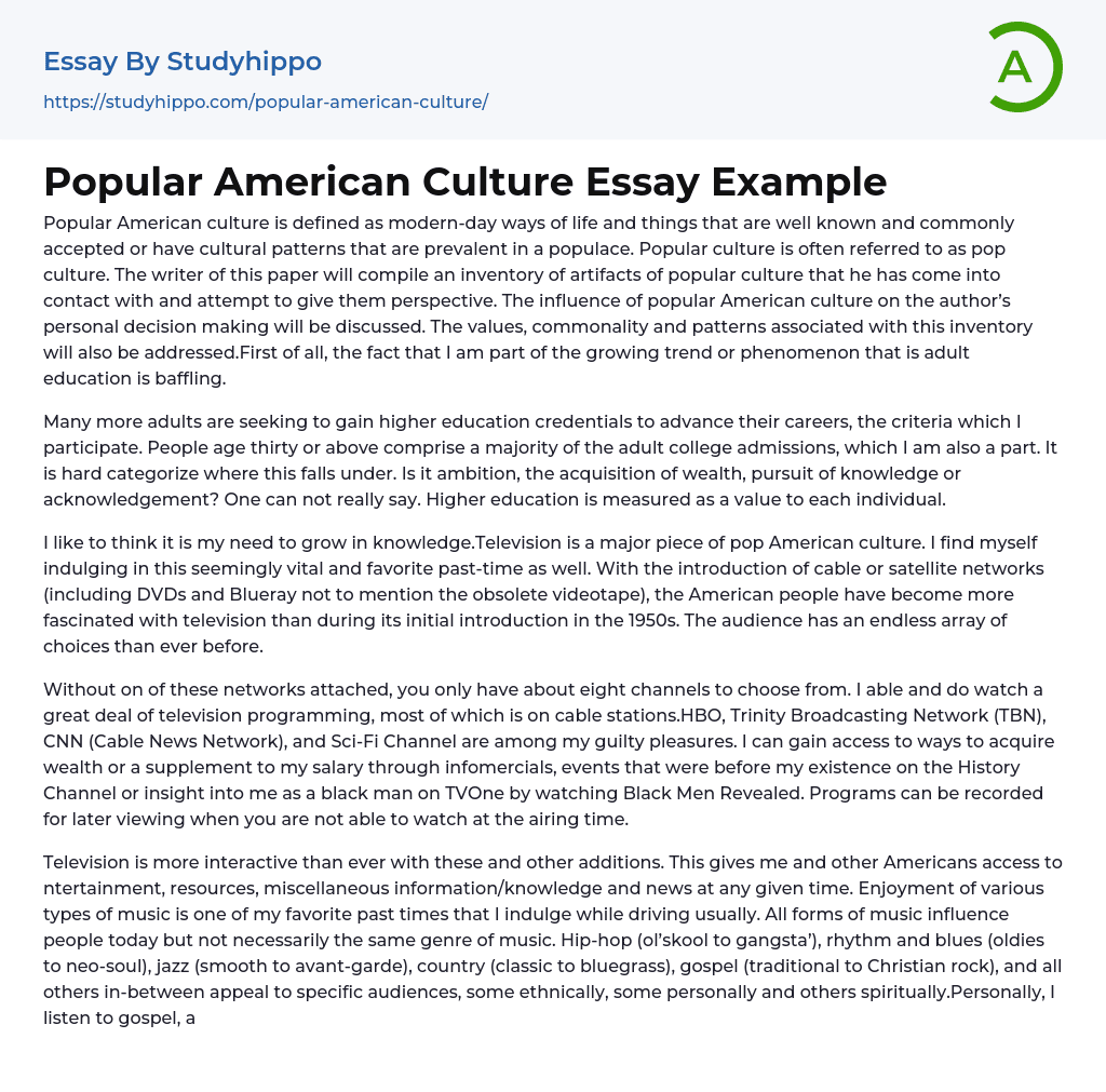 Popular American Culture Essay Example