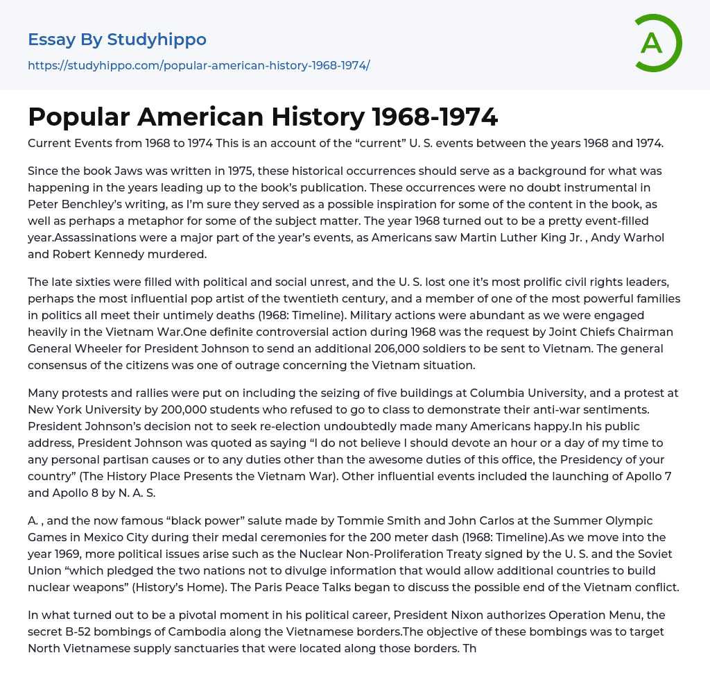 Popular American History 1968-1974 Essay Example