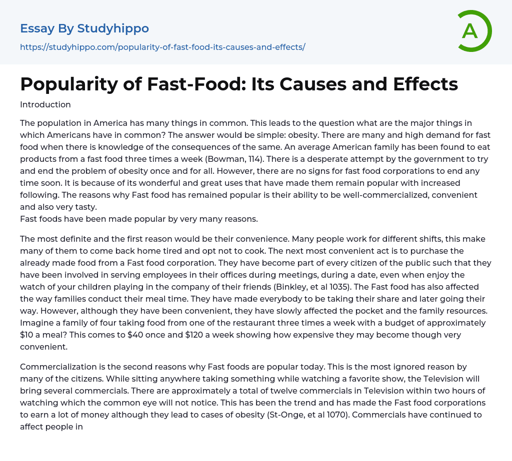 Popularity of Fast-Food: Its Causes and Effects Essay Example