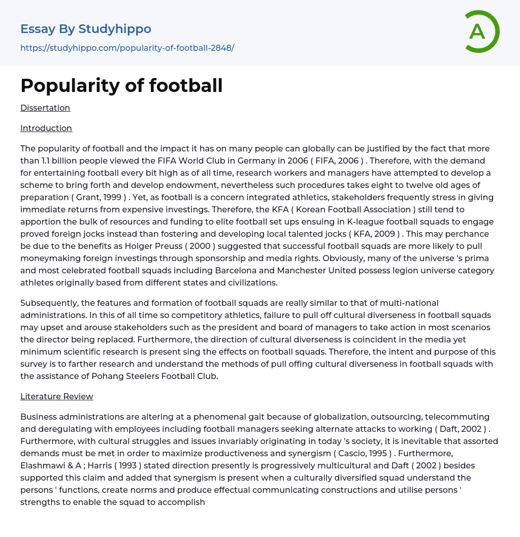 Popularity of football Essay Example