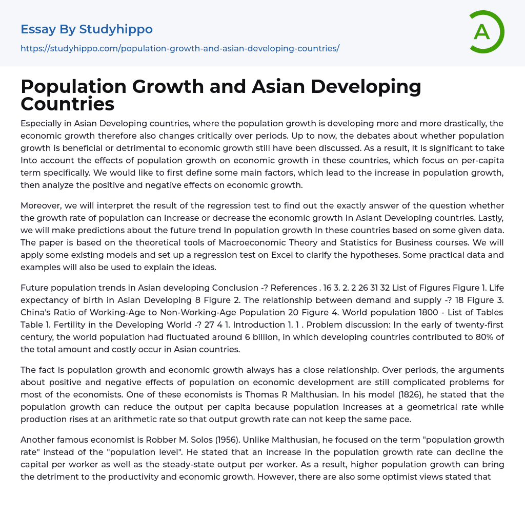 Population Growth and Asian Developing Countries Essay Example