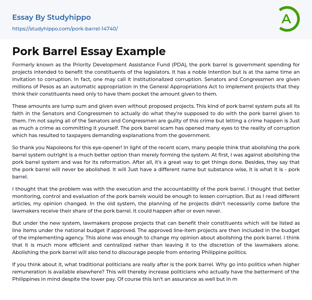 Pork Barrel Essay Example