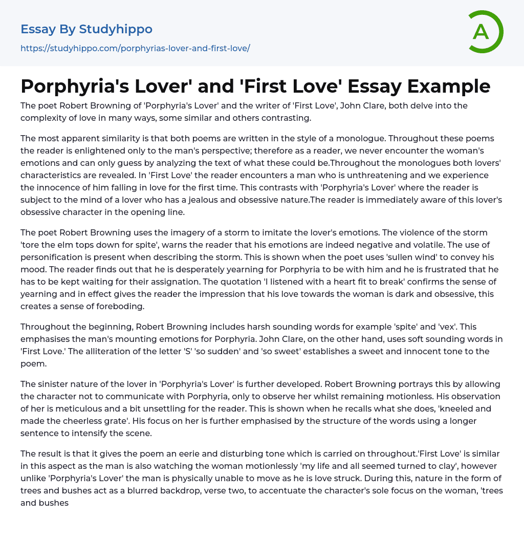 Porphyria’s Lover’ and ‘First Love’ Essay Example