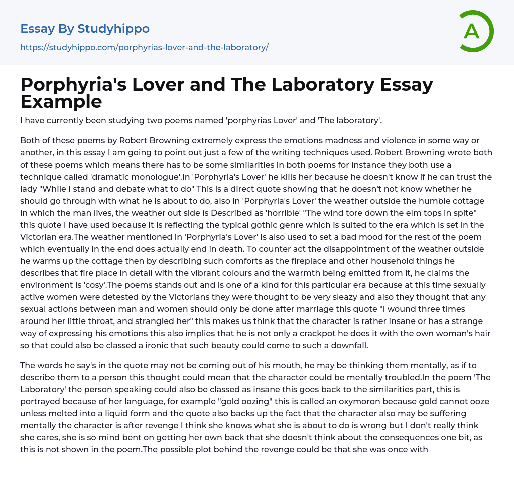 Porphyria’s Lover and The Laboratory Essay Example
