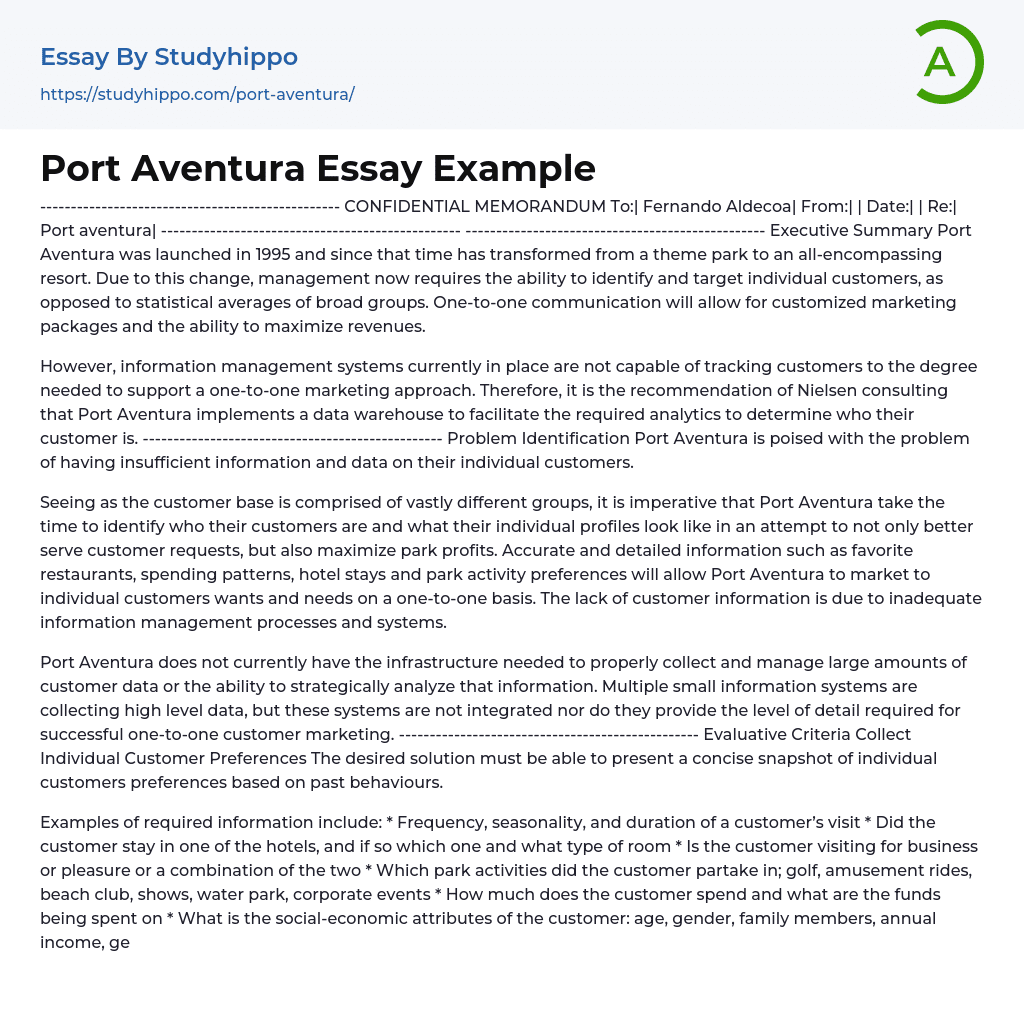 Port Aventura Resort Analysis Essay Example