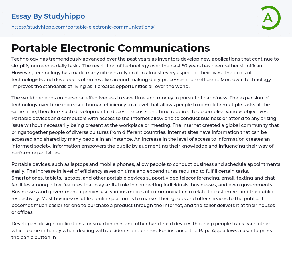Portable Electronic Communications Essay Example