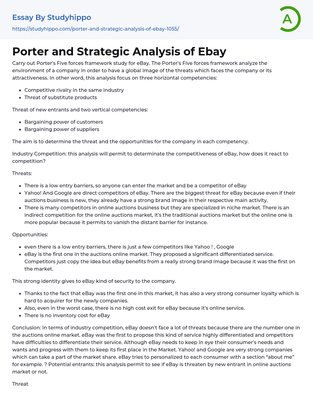 Porter and Strategic Analysis of Ebay Essay Example
