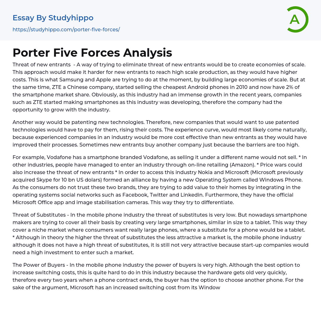 Porter Five Forces Analysis Essay Example