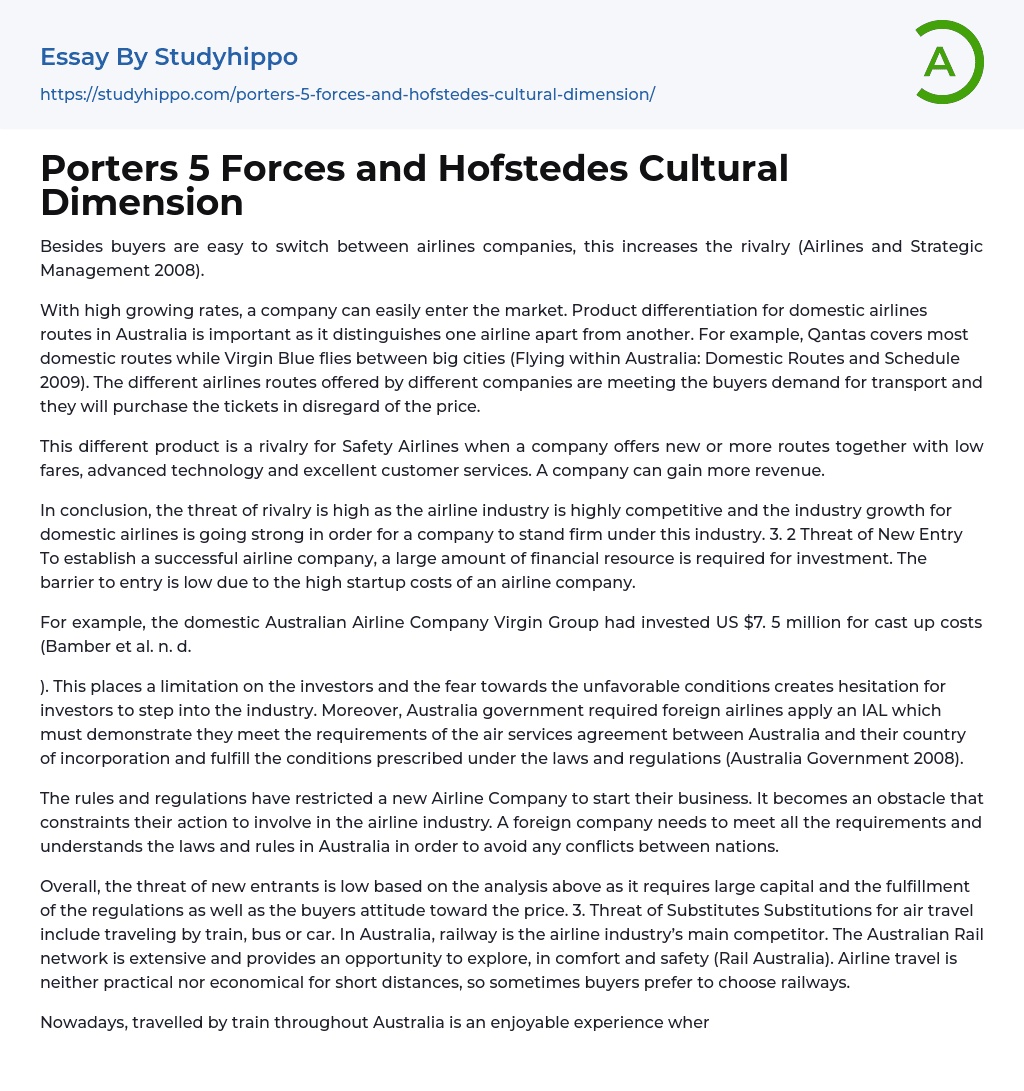 Porters 5 Forces and Hofstedes Cultural Dimension Essay Example