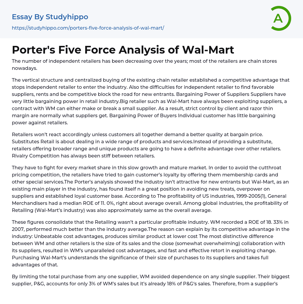 Porter’s Five Force Analysis of Wal-Mart Essay Example