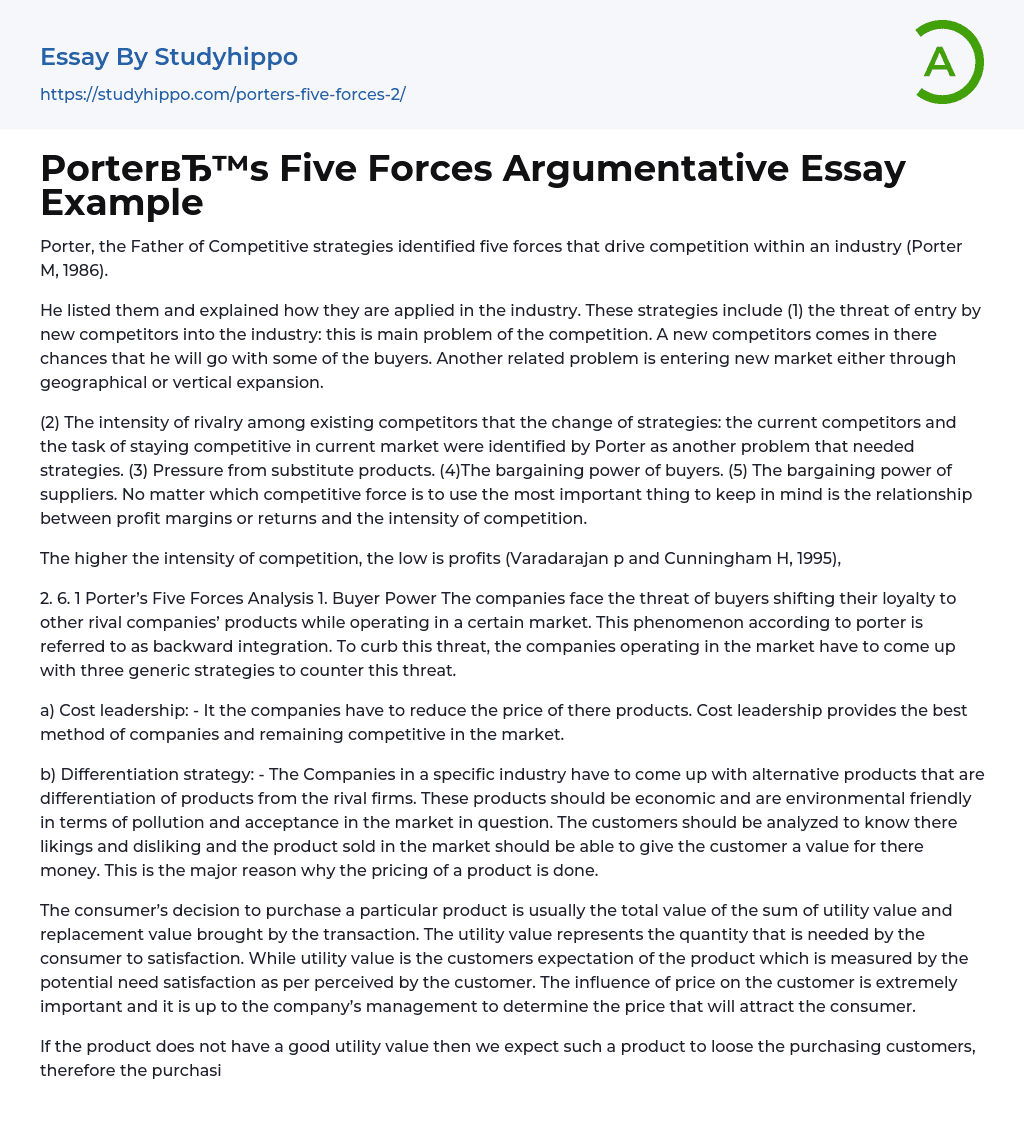 Porter’s Five Forces Argumentative Essay Example