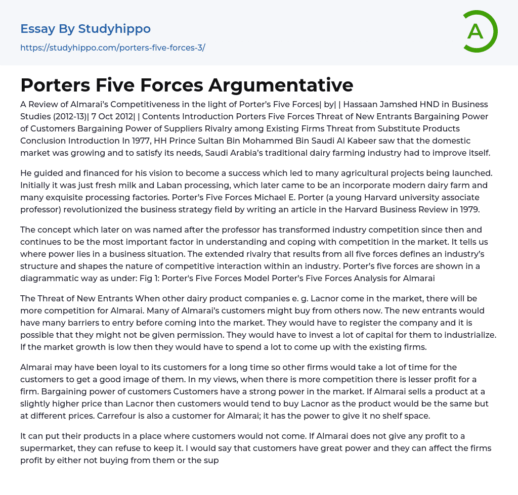 Porters Five Forces Argumentative Essay Example