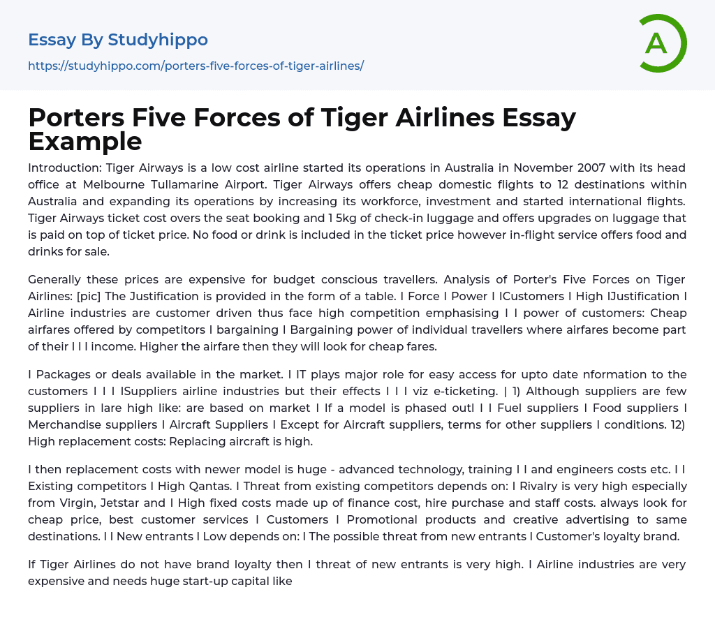 Porters Five Forces of Tiger Airlines Essay Example