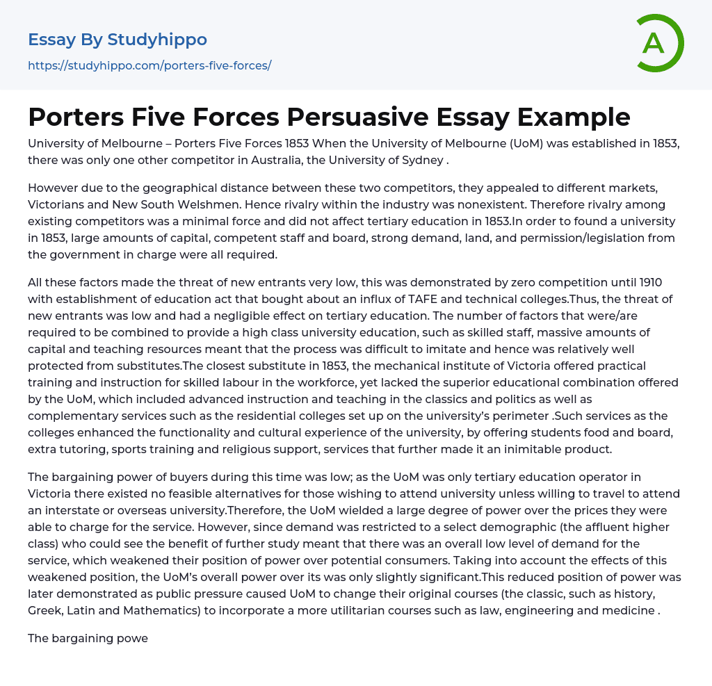 Porters Five Forces Persuasive Essay Example