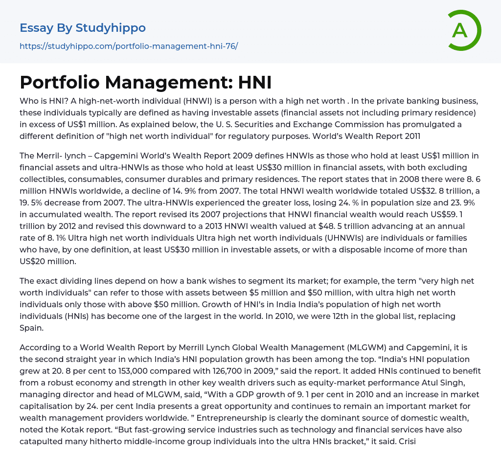 Portfolio Management: HNI Essay Example