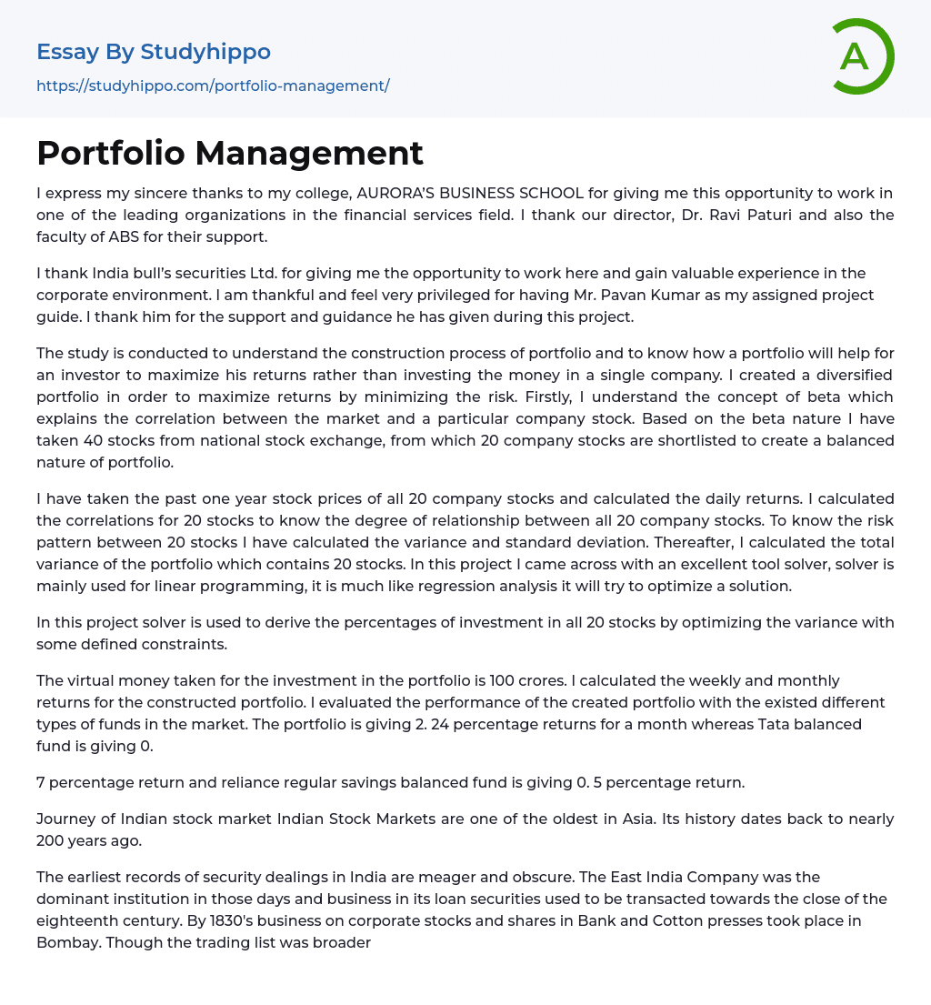Investment Management: Portfolio Management Essay Example